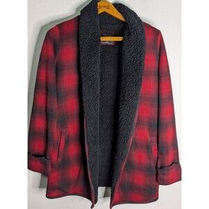 Abercrombie & Fitch Jacket Womens M Medium Red Black Plaid Fleece Coat (316)